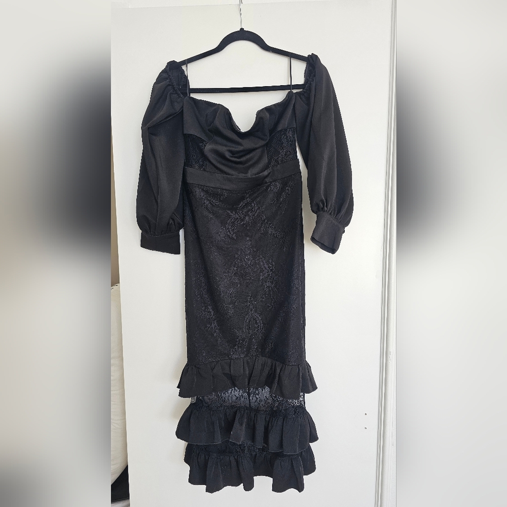One-Shoulder Black Lace Midi Dress with Ruffle Tiers